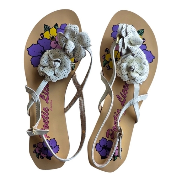 $69 New Poetic License London Leather Floral Sandal 8.5M Thong Buckle Boho Artsy - Picture 2 of 15